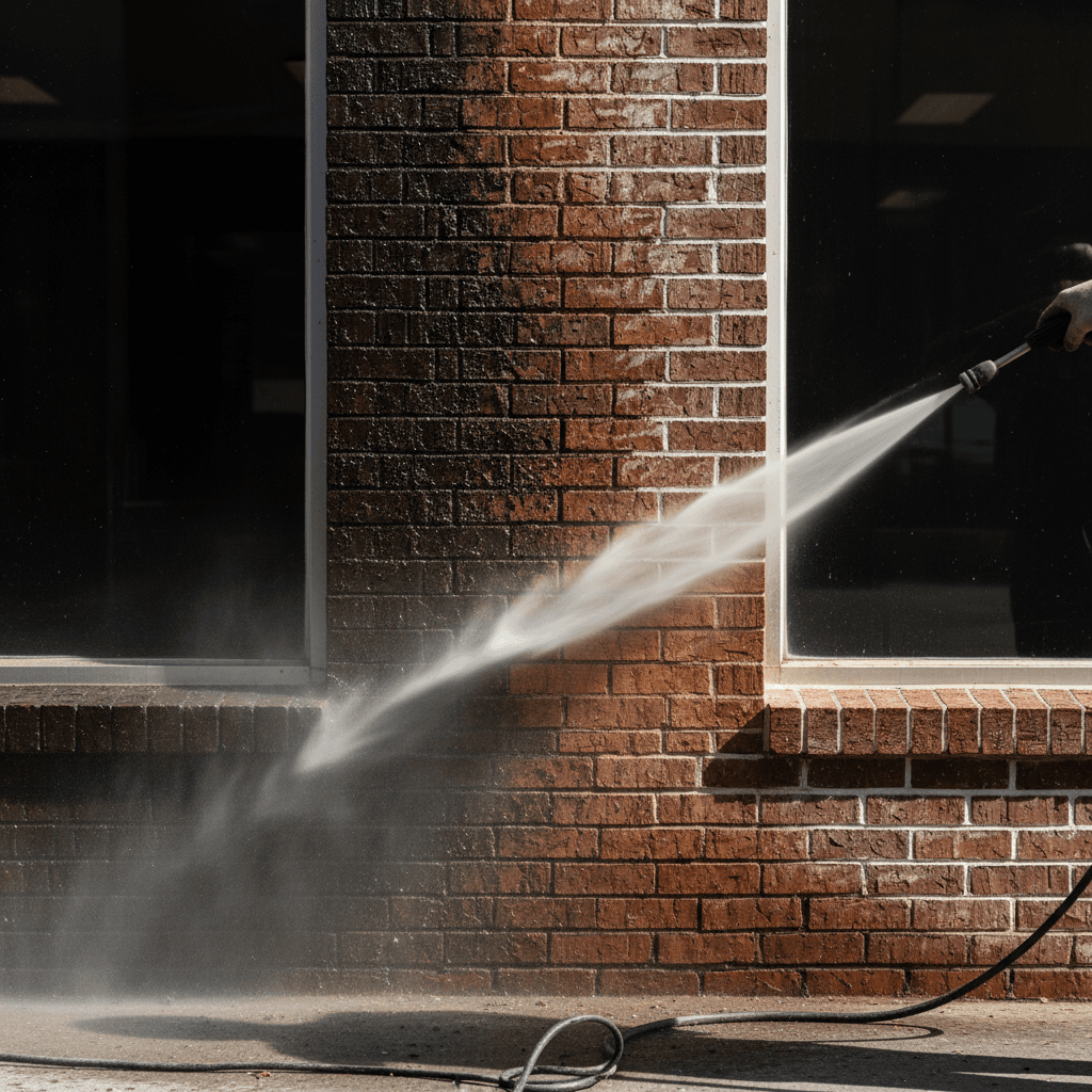 Commercial brick facade before and after pressure washing