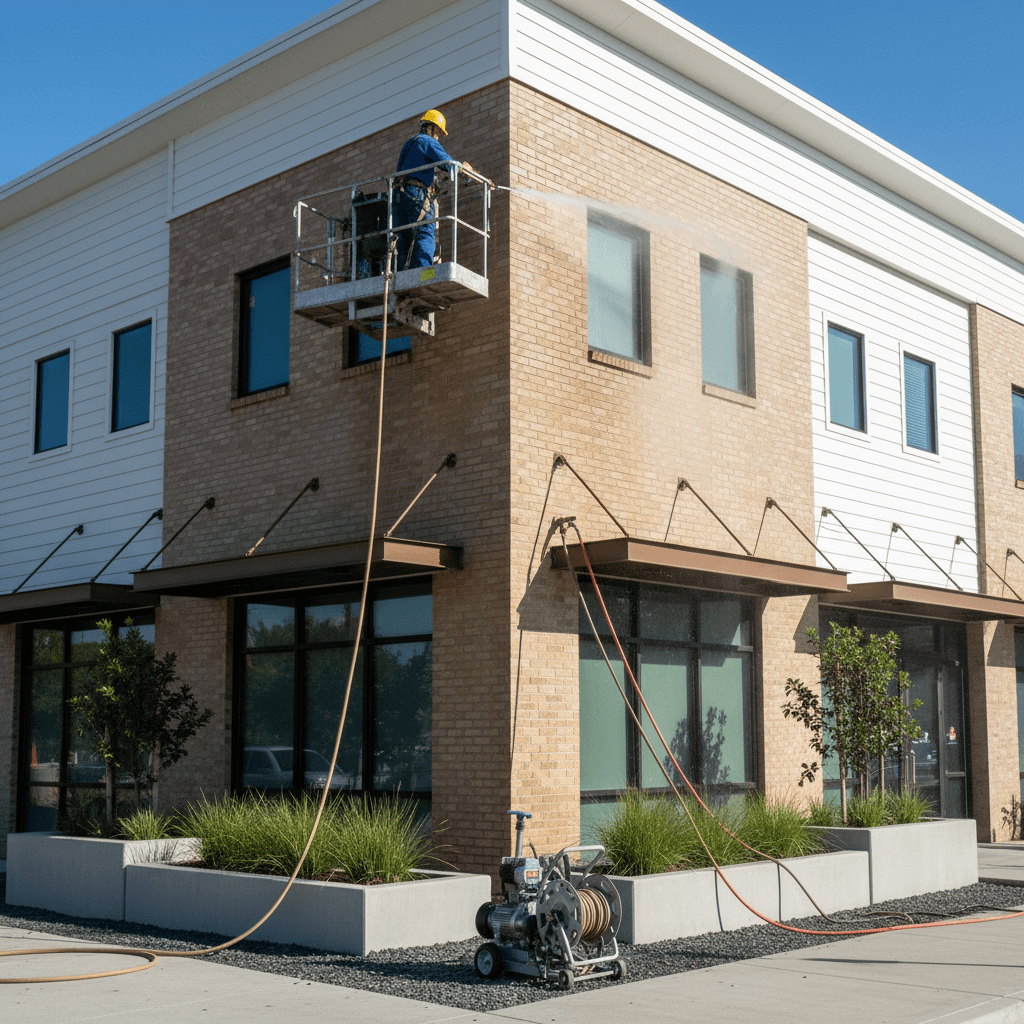 Cleaning a commercial building exterior