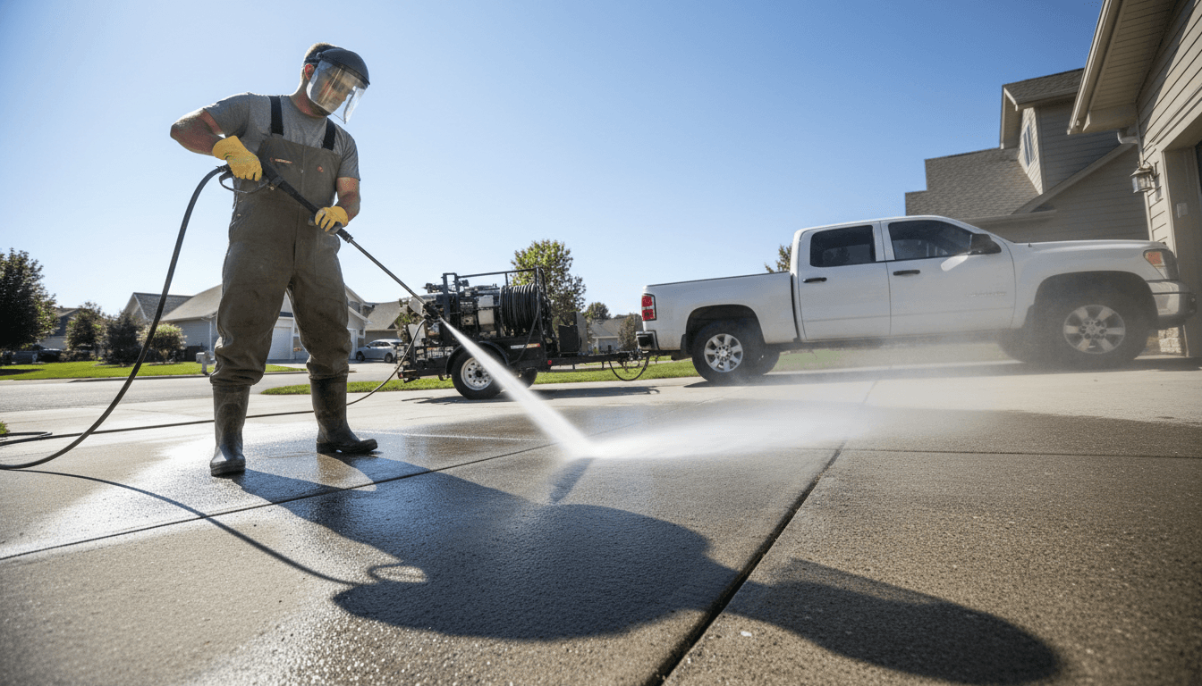 JMR Pressure Washing technician cleaning a residential driveway in Cleveland