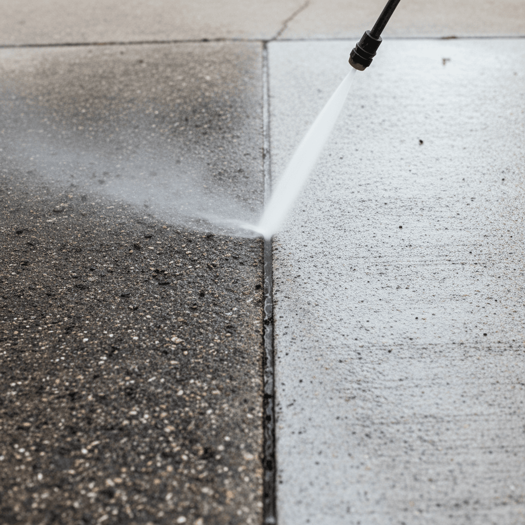 Before and after driveway pressure washing showing dirt removal and bright clean concrete