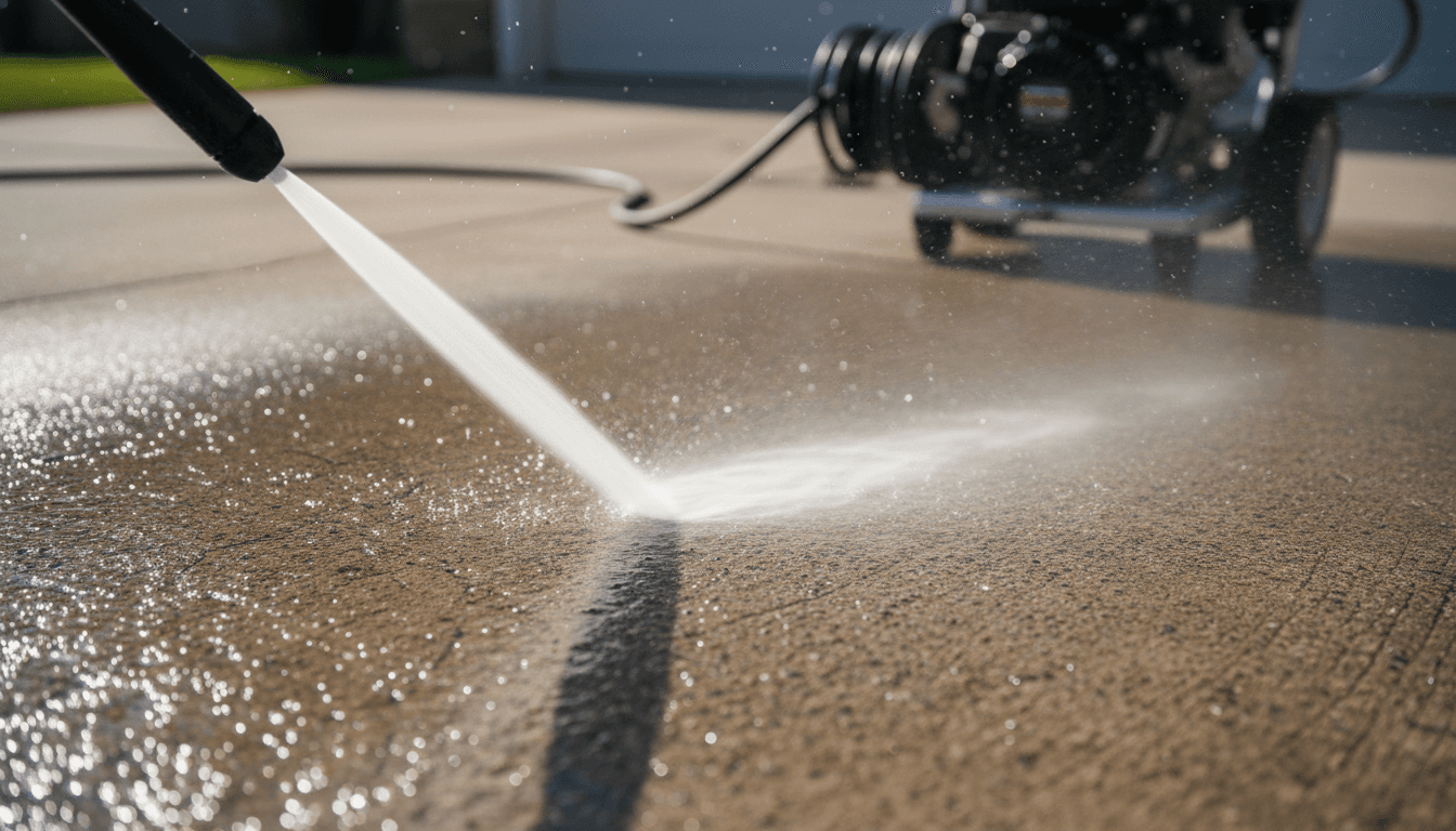 Pressure washing nozzle cleaning a residential driveway with precision