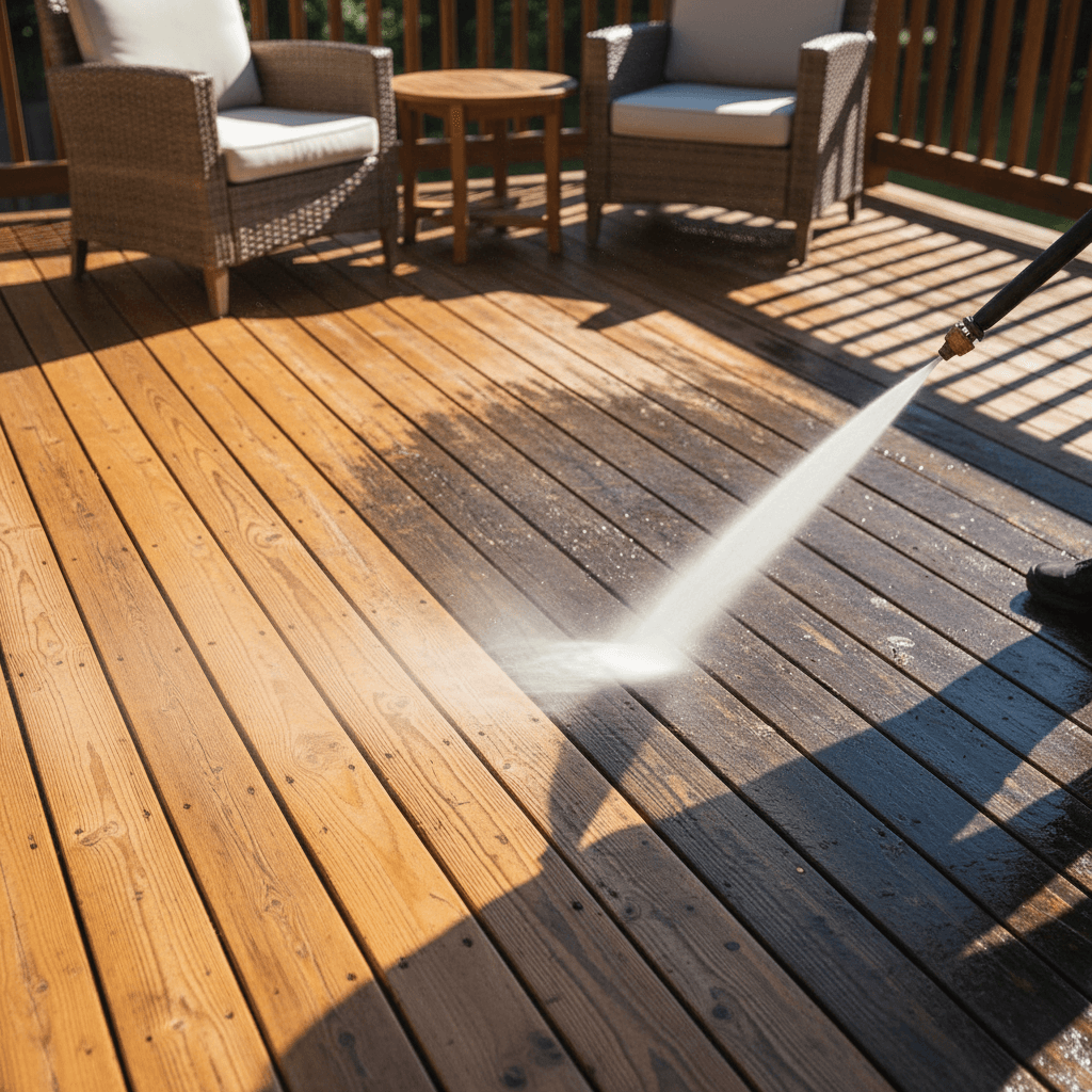 Wooden deck before and after cleaning showing algae and mold removal