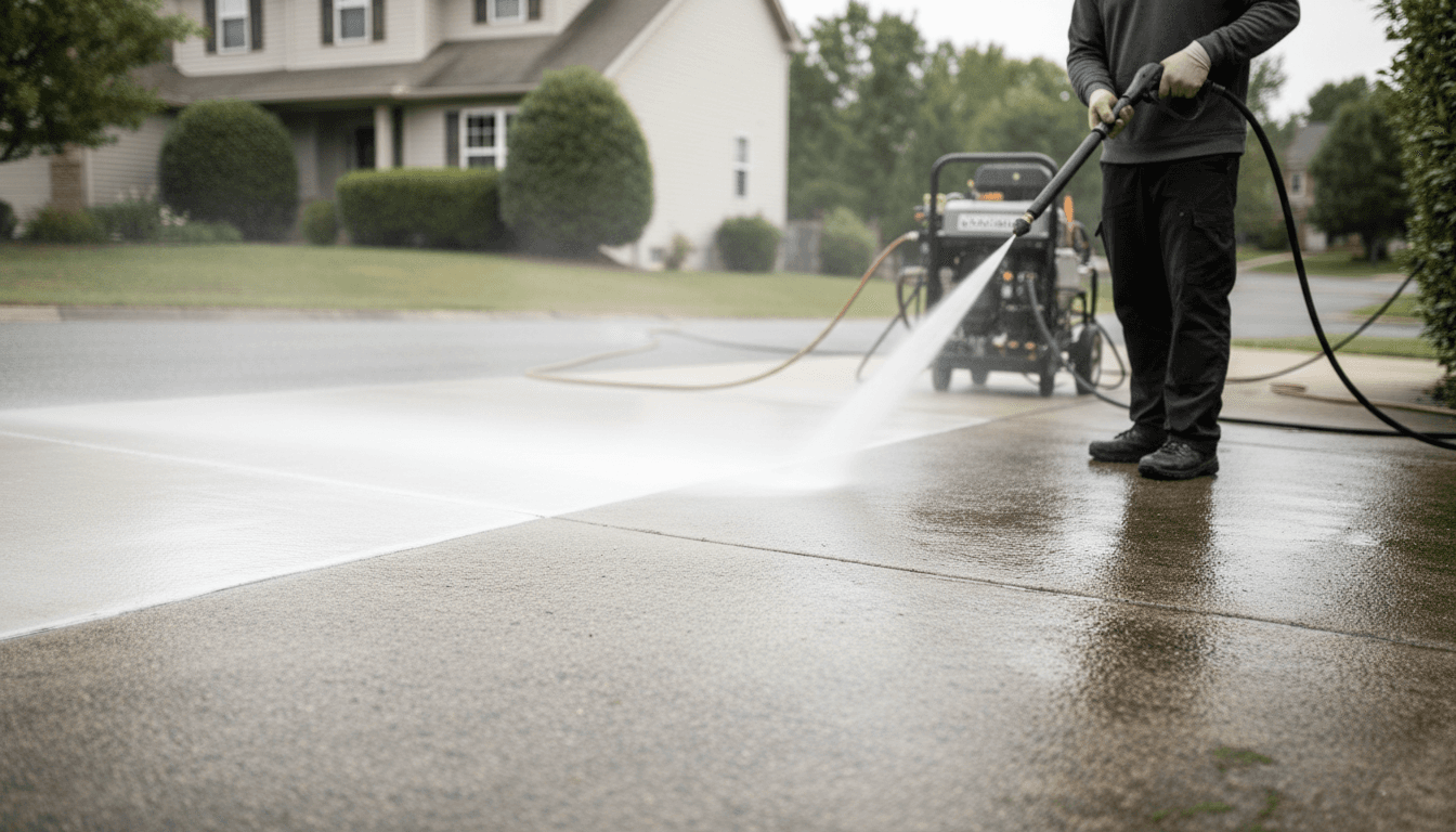 JMR Pressure Washing technician cleaning a residential driveway in Cleveland