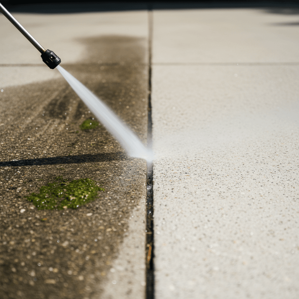 Driveway before and after pressure washing