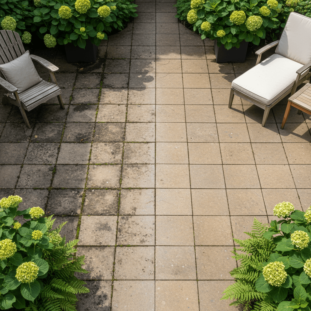 Patio stones before and after cleaning
