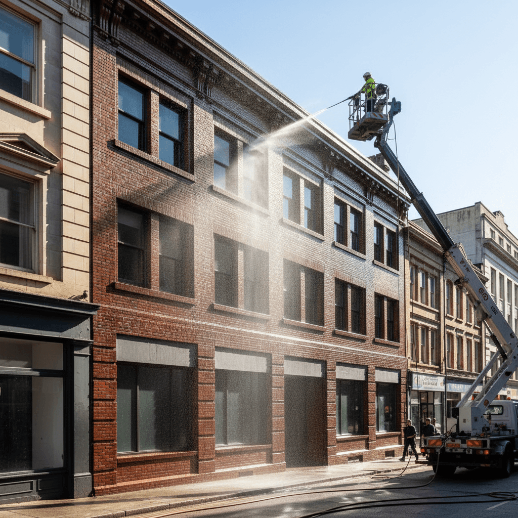 Commercial building facade pressure washing showing large-scale exterior cleaning