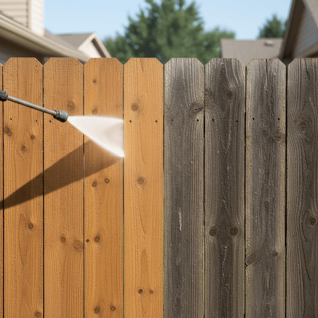 Restoring a wooden fence with pressure washing