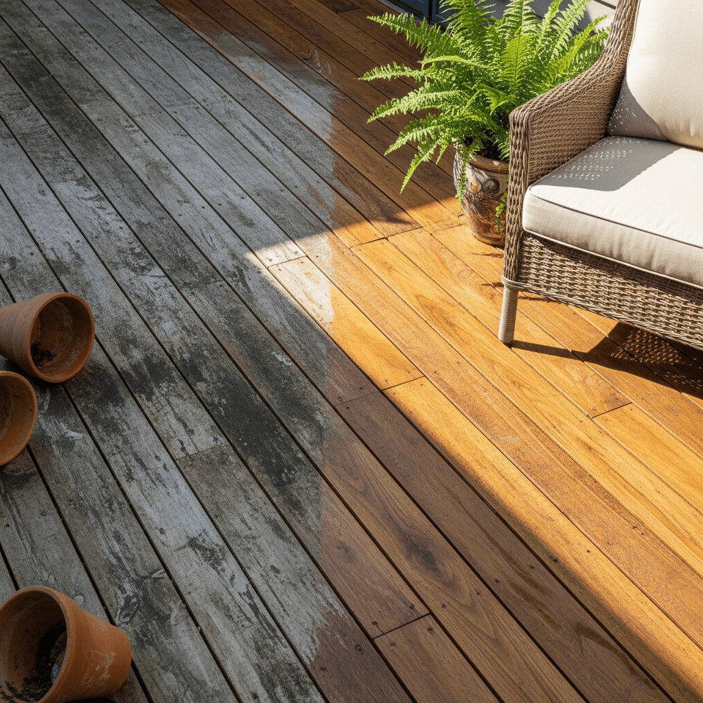 Wood deck cleaning before and after