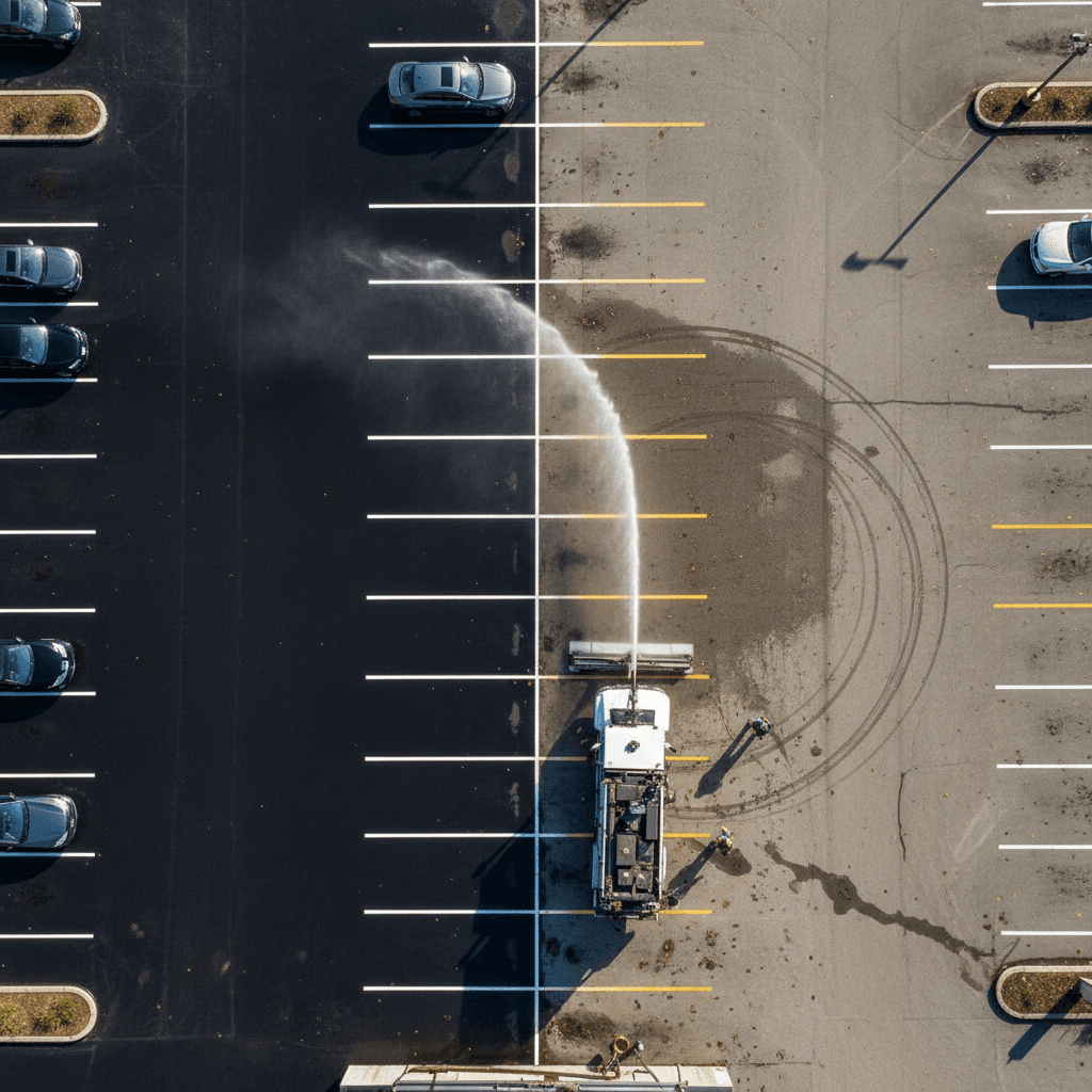 Parking lot pressure washing removing oil stains and debris from asphalt