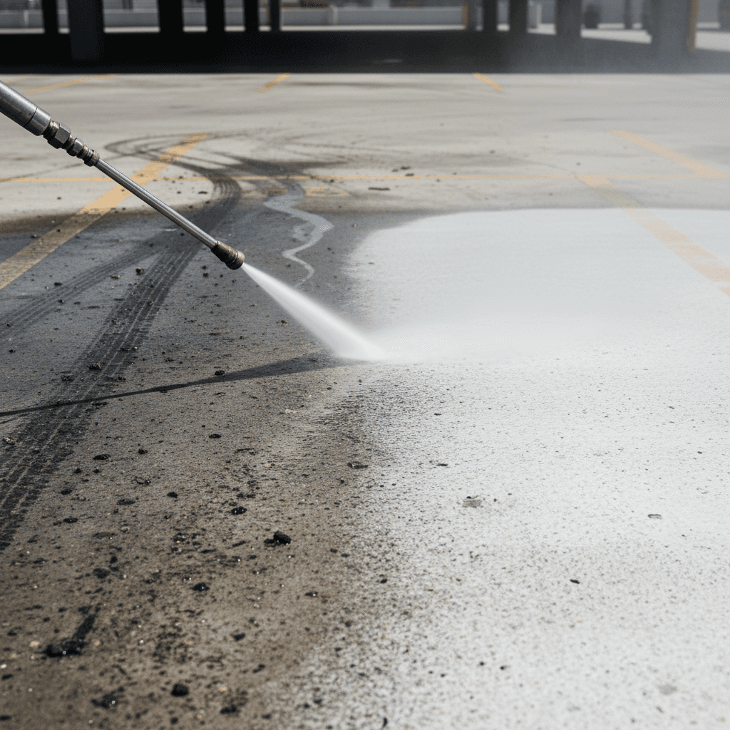 Parking lot before and after pressure washing