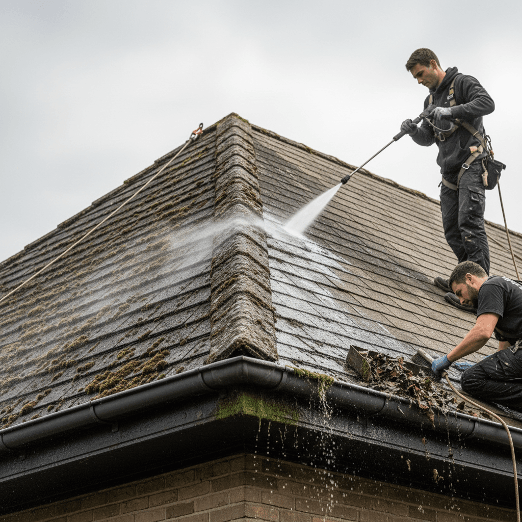 Roof and gutter cleaning removing moss and algae from residential roofline