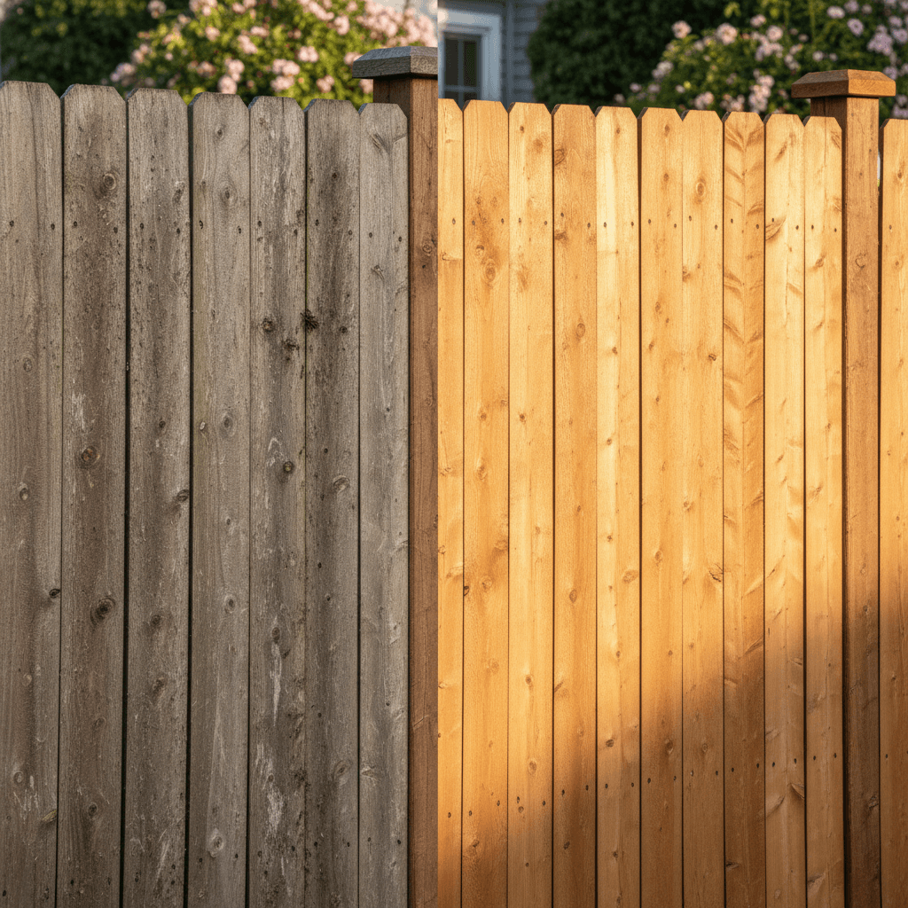 Wood fence before and after pressure washing